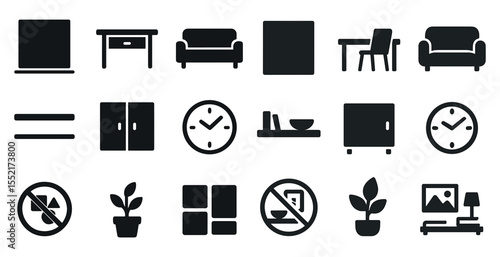 Home and furniture solid icons set – silhouette, filled, interior and decor visuals