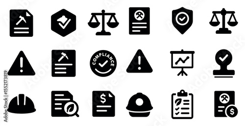 Compliance and regulation 3d icons set – solid, filled, legal and safety symbols