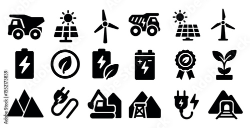 Renewable energy icons set – solid, filled, sustainable power symbols
