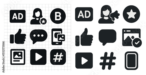 Social media solid icons set – filled, communication and digital networking symbols
