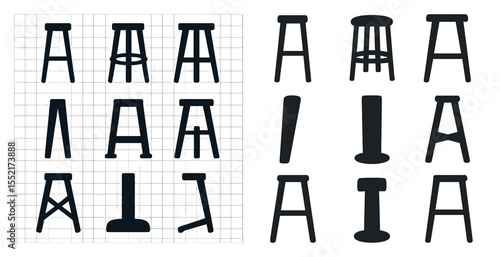 Bar stool silhouette icons set – solid, filled, seating and furniture symbols