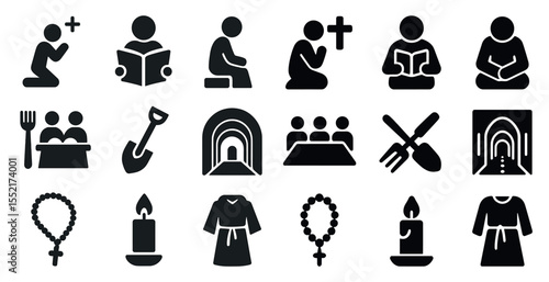 Religion and worship solid icons set – filled, prayer, faith symbols collection
