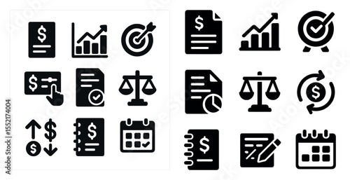 Business and finance solid icons set – filled, financial, commerce symbols