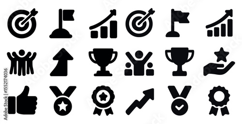 Business success solid icons set – flat, filled, achievement and growth symbols