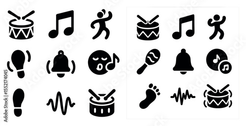 Music and dance solid icons set – filled, rhythm, entertainment symbols