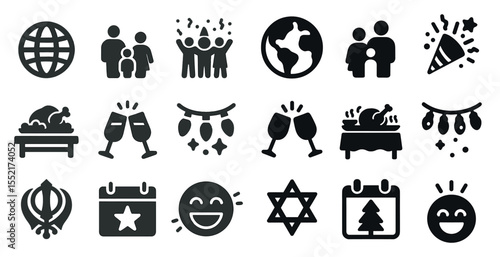 Holiday and celebration solid icons set – festive, silhouette, party symbols
