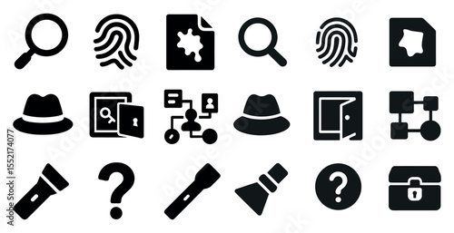Mystery and investigation solid icons set – silhouette, detective, crime scene symbols
