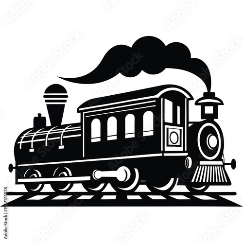 Black Silhouette Illustration of a Classic Steam Train on Railroad Tracks, Puffing Smoke