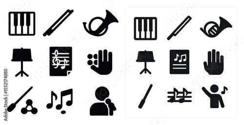 Classroom music icons set – solid, filled, education and learning symbols