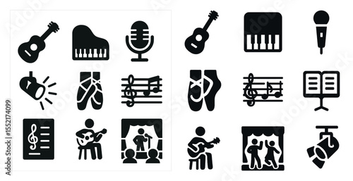 Music and performance icons set – solid, filled, concert and theater symbols
