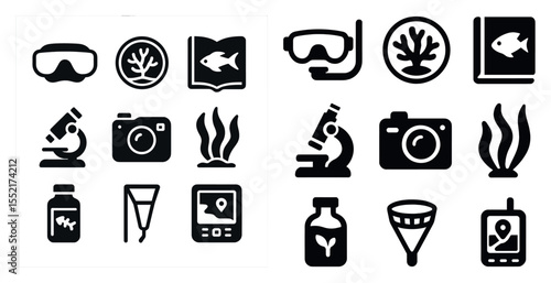 Marine life solid icons set – filled, underwater, ocean and sea exploration symbols