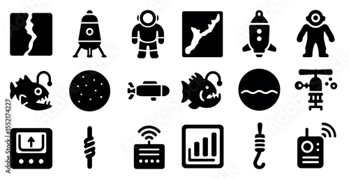 Space exploration silhouette icons set – filled, solid, astronaut and space travel graphics