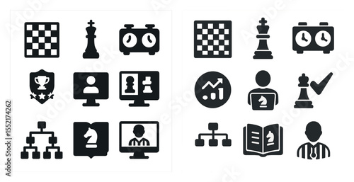 Chess strategy silhouette icons set – outline, filled, game and competition symbols