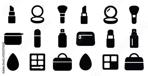 Beauty and makeup icons set – solid, filled, cosmetic and skincare symbols