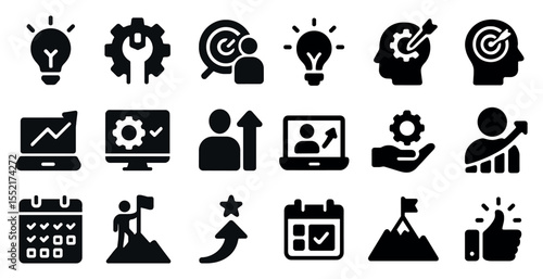 Business and strategy solid icons set – linear, outline, growth and success symbols