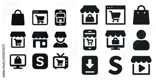 Shopping and commerce icons set – solid, filled, retail and e-commerce symbols