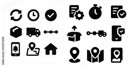 Logistics and delivery solid icons set – flat, filled, shipment and tracking symbols