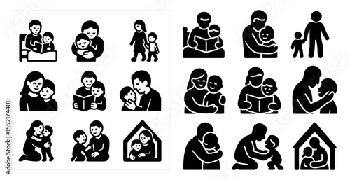 Family and parenting silhouette icons set – solid, household, relationship symbols