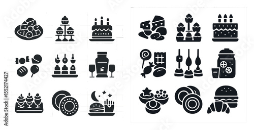 Food and drink solid icons set – filled, silhouette, culinary and restaurant symbols