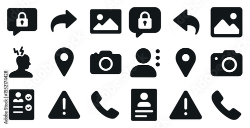 Communication and security solid icons set – filled, privacy and interaction symbols