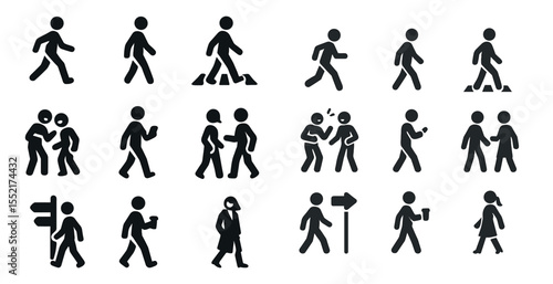 Walking and fitness solid icons set – exercise, silhouette, health symbols