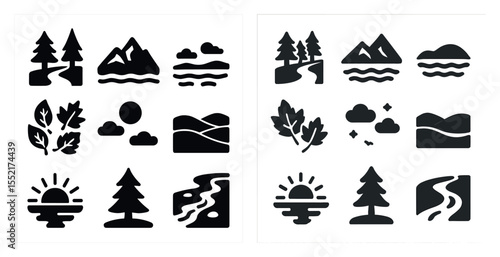Nature and landscape icons set – solid, silhouette, outdoor and environment symbols