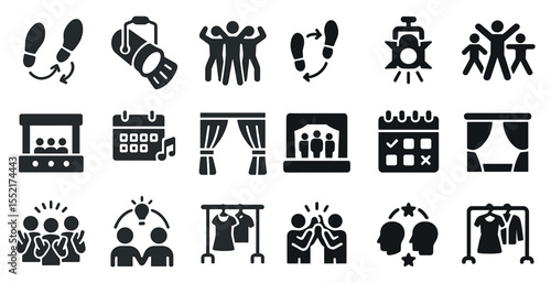Dance and performance solid icons set – silhouette, flat, event and choreography symbols