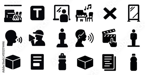 Communication and media icons set – solid, silhouette, interaction visuals