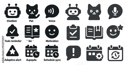 Communication and task management solid icons set – filled, chatbot, organization tools
