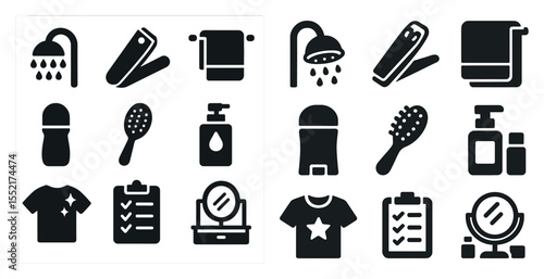 Bathroom essentials solid icons set – grooming, hygiene, shower symbols