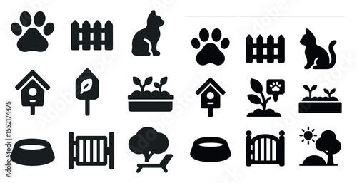 Pet and garden silhouette icons set – filled, solid, home and backyard symbols