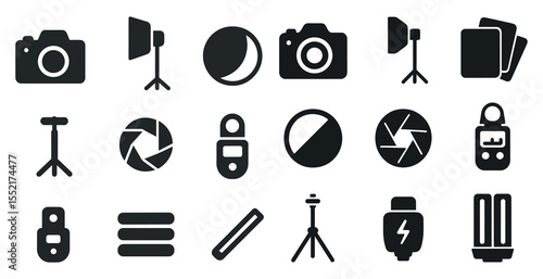 Photography equipment icons set in solid style – camera, lighting, gear symbols