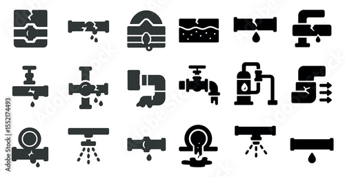 Plumbing and leakage silhouette icons set – solid, pipe burst, water drip symbols