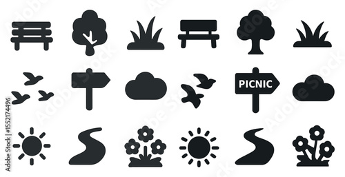 Nature and outdoor solid icons set – filled, landscape, park symbols collection