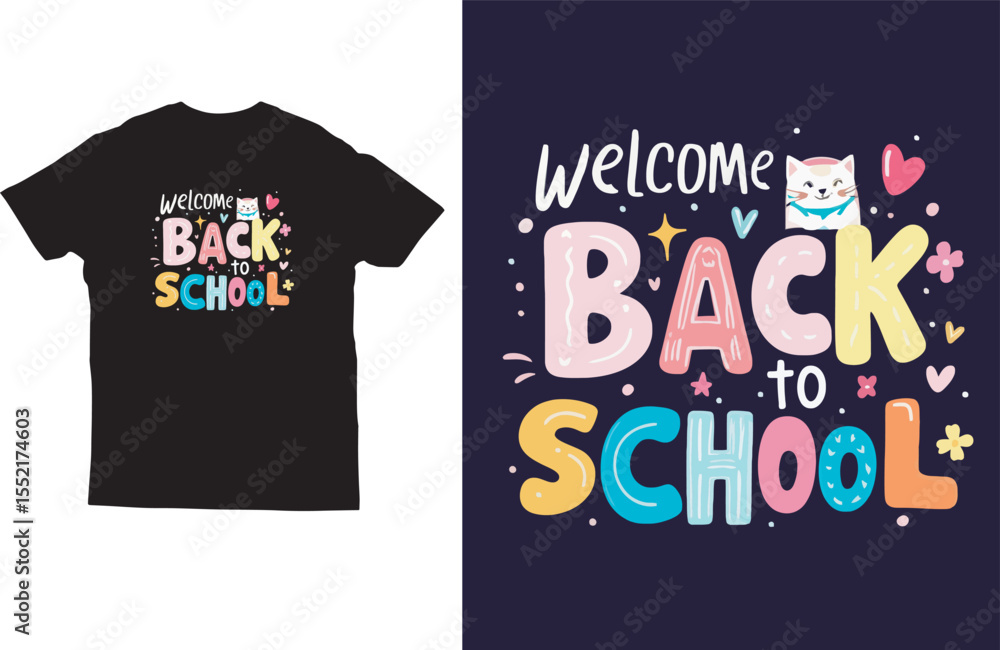 Fototapeta premium First Day of School Kids T‑Shirt with Cartoon Cat & Fun Lettering