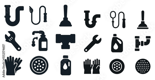 Plumbing tools solid icons set – essential repair, maintenance, silhouette symbols