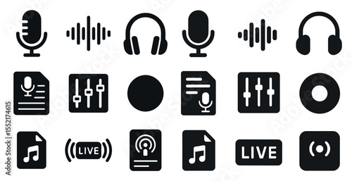 Audio and music solid icons set – filled, microphone, podcast design elements