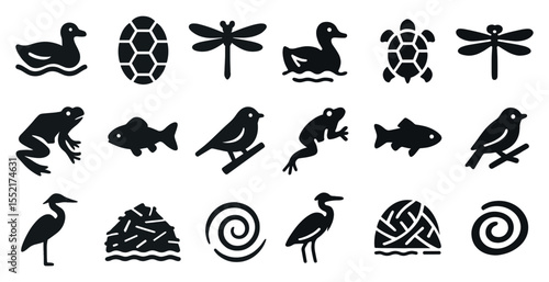 Wildlife and nature silhouette icons set – filled, solid, animal and outdoor symbols