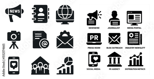 Media and communication solid icons set – filled, press, social media symbols