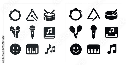 Music and instruments solid icons set – filled, audio, rhythm and sound elements