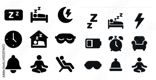Sleep and relaxation icons set – solid, silhouette, bedtime and meditation symbols