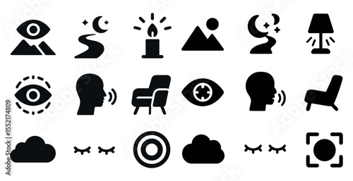 Nature and night silhouette icons set – filled, solid, vision and landscape symbols