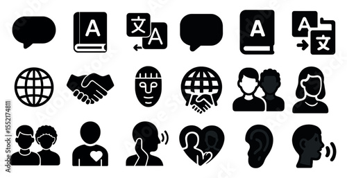 Language and communication solid icons set – translation, speech, social symbols