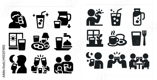 Food and drink solid icons set – flat, filled, dining and beverage symbols