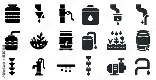 Water and plumbing filled icons set – solid, silhouette, hydration and supply symbols