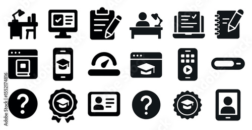 Education and work solid icons set – silhouette, filled, learning and productivity symbols