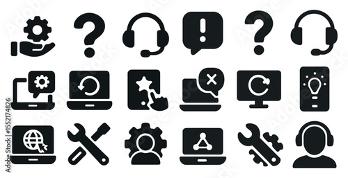 Tech support solid icons set – troubleshoot, it helpdesk, flat style symbols