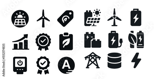 Renewable energy solid icons set – electric, sustainable, eco-friendly symbols