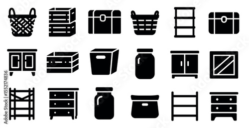 Storage solutions solid icons set – flat, filled, organization and cabinetry symbols