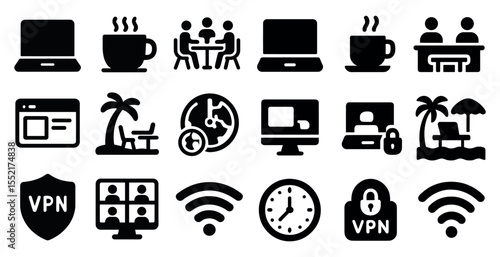 Remote work solid icons set – flat, outline, telecommuting and productivity symbols